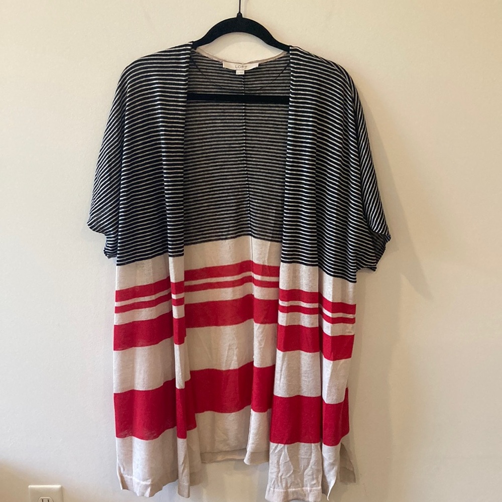 Ann Taylor LOFT Black White Red Striped Short Sleeve Linen lightweight Duster XL